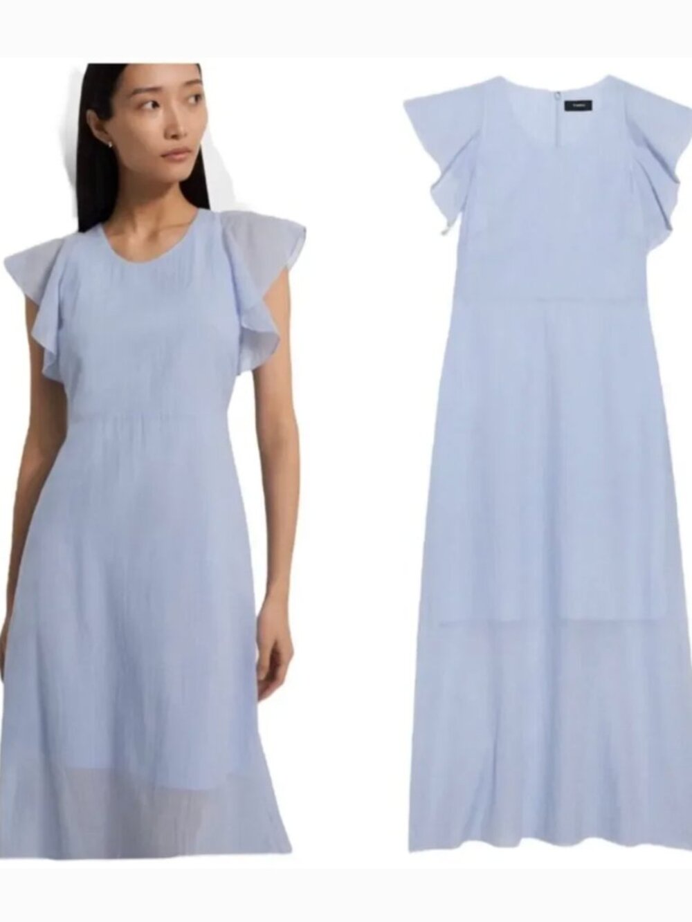 Theory Ruffle Sleeve Midi Dress in Baby Blue Organic Cotton  Size 12 NEW